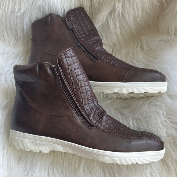 Men’s Brown Crocodile Embossed Leather Look Ankle Boots with Side Zippers Sz 12 - Picture 4 of 6